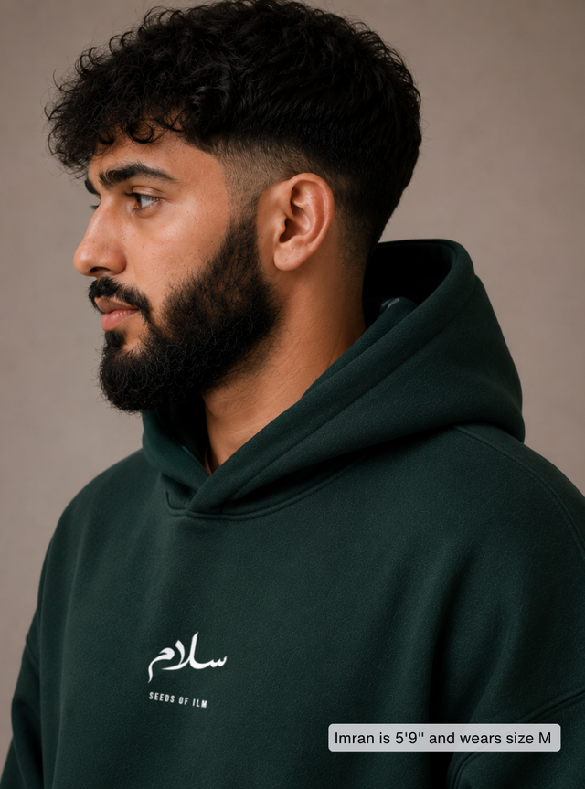 Peace Arabic hoodie chest print, close-up